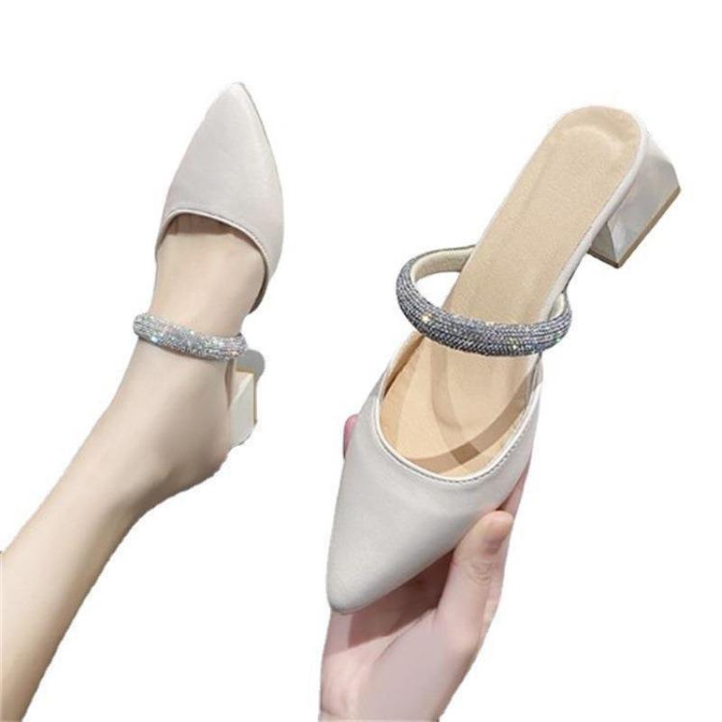 New Bag Head Half Slippers Female Summer Wear Thick Heel Pointed Shoes Fashion Rhinestone Fairy High Heel Sandals