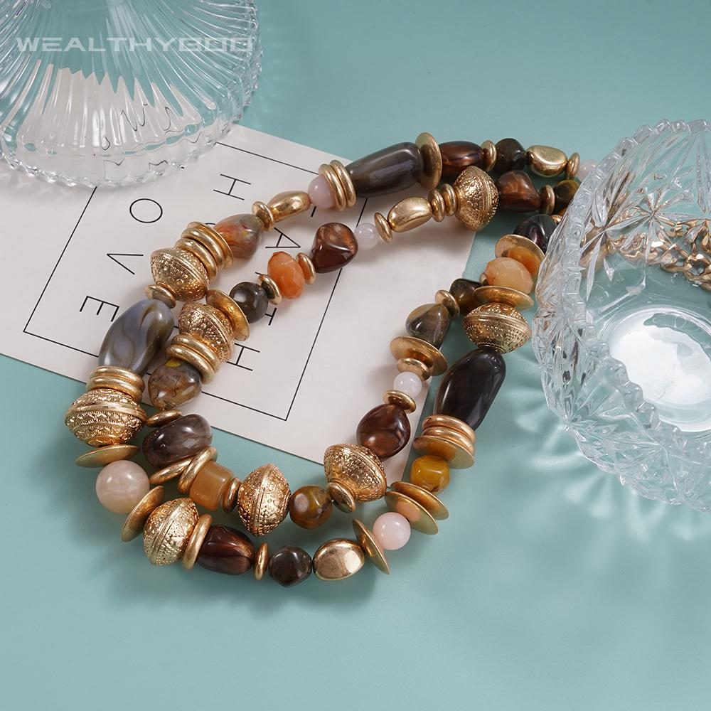 Layered Gold Tone Chunky Beaded Statement Necklace for Women Boho Vintage Style Adjustable Chain Fashion Jewelry Trendy Daily