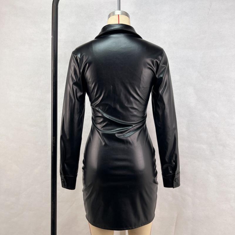 Dámské šaty z matné kůže Elegantní bodycon plisované mini šaty s dlouhým rukávem Párty Stretch PU Slim Y2K šaty do klubů s plným knoflíkem Novinka