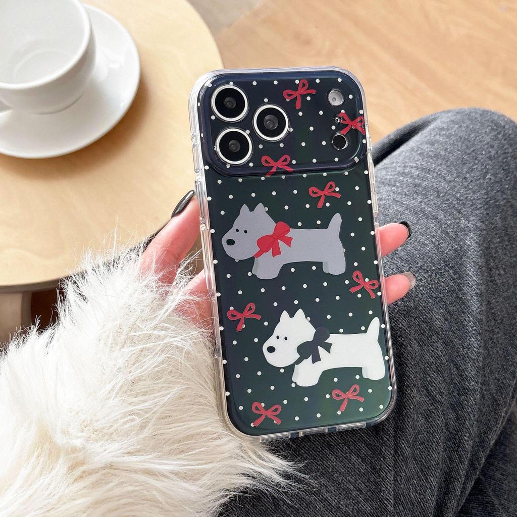 Black Polka Dot Cartoon Puppy Phone Case for iPhone 17 Pro Max/16 IMD 14/15 Series, Precise Cutouts