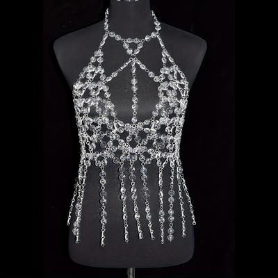 Transparent Tassel Artificial Crystal Bra Chain For Women Party Stage Performance Wearing Silver Plated Body Chain Jewelry Accessories