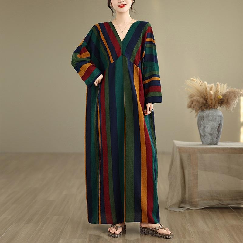 Long sleeve plus size cotton vintage Stripe new in dresses for women casual loose Maxi spring autumn dress