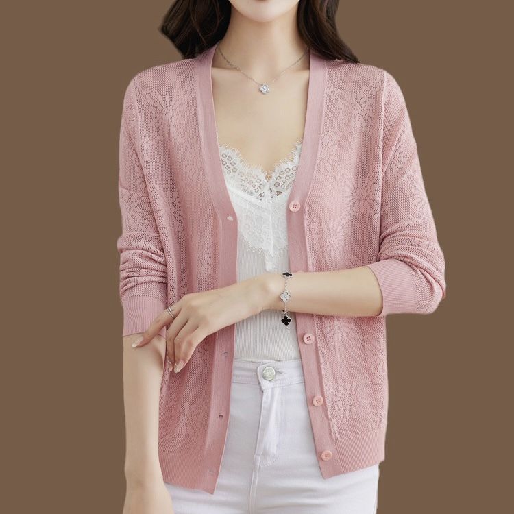 Letní dámská ledová hedvábná pletenina krém na opalování volný pletený kardigan tenká pletená bunda s výstřihem