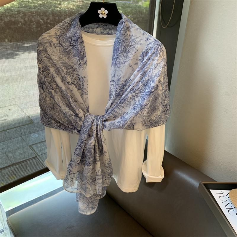 Silk Scarf Women's Summer Korean Version Versatile Thin Gauze Cotton and Linen Scarf Blue Feather Fringed Beach Towel Sun Protection Shawl