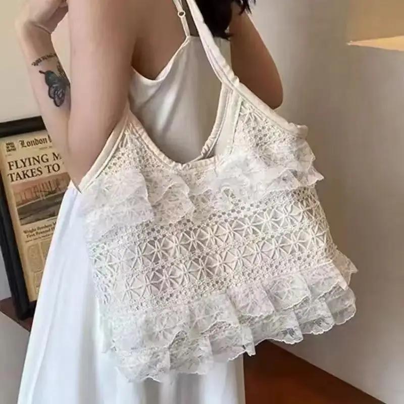 Summer leisure vacation backpack fairy lace shoulder beach bag lace mesh tote bag underarm shoulder satchel capacity women s bag бежевый