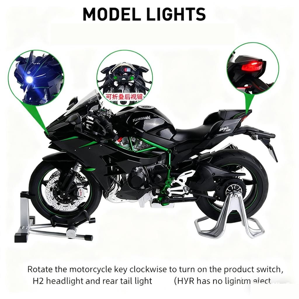 1/9 Kawasaki H2R Ninja with Spray Alloy Motorcycle Model Toy Vehicle Collection Sound and Light Off Road Autocycle Toys Car