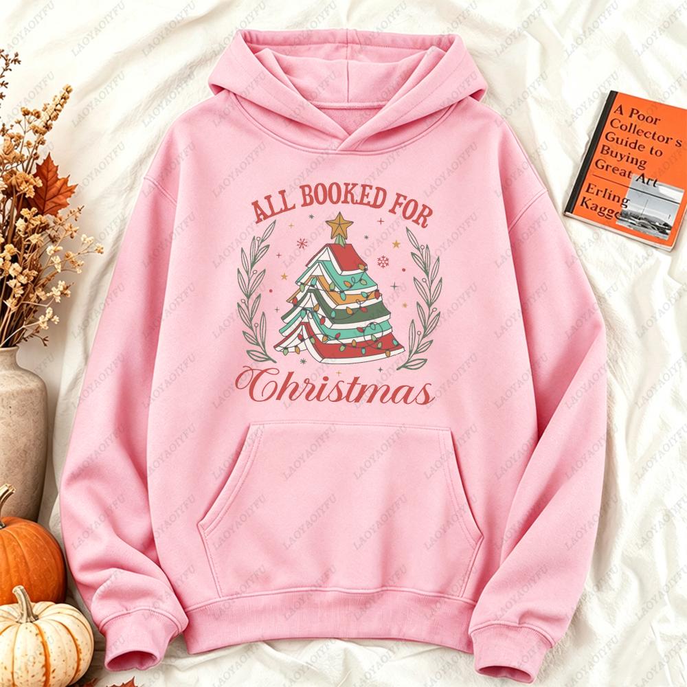 All Booked for Christmas Book Tree Hoodies Women Retro Bookworm Graphic Sweatshirt Aesthetic Winter Oversized Streetwear