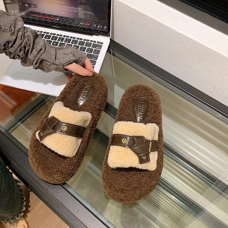 

Fashion thick-soled fluffy slippers women s autumn and winter wear 2025 new slippers feel belt buckle platform shoes 35