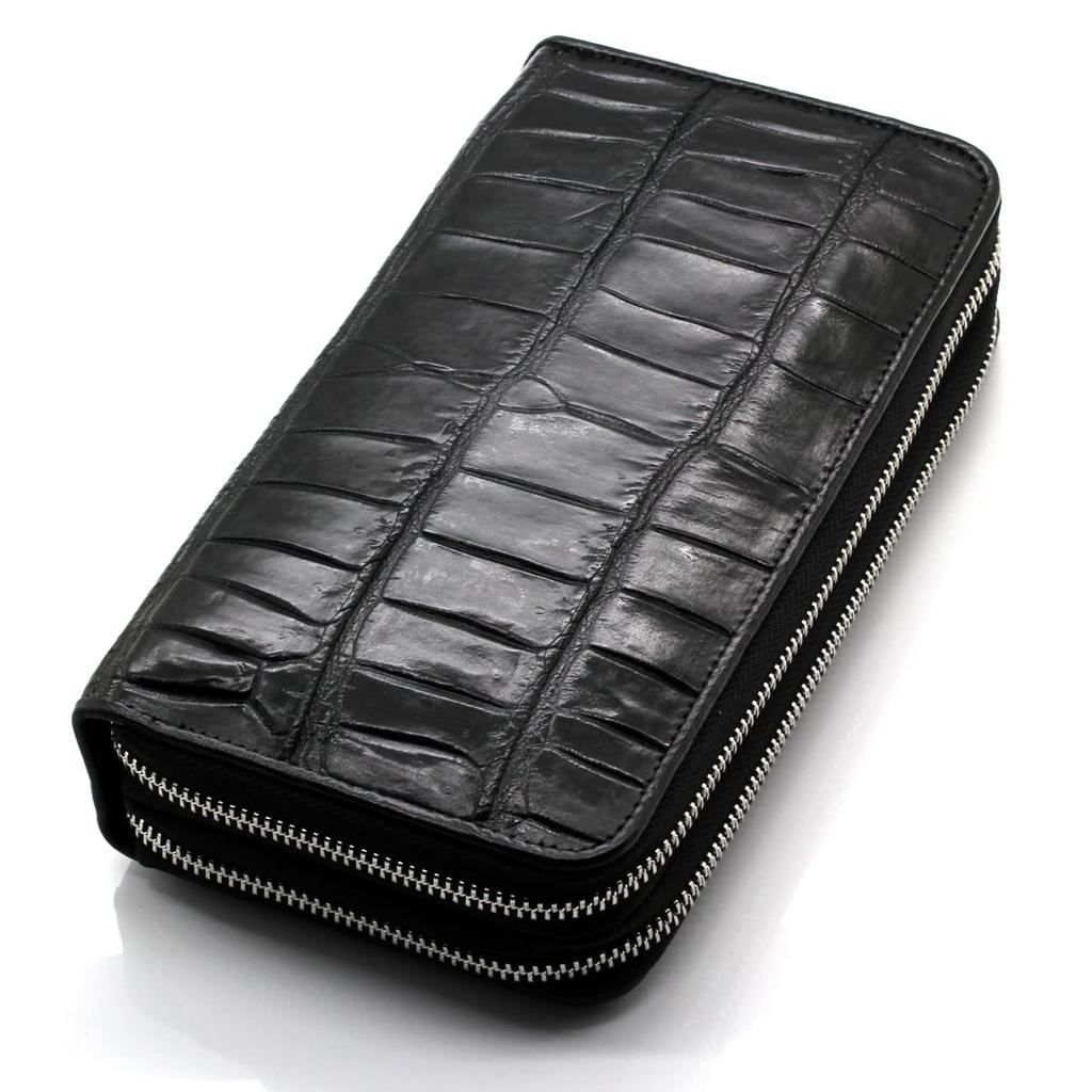 [Revetta] Crocodile Leather Long Wallet for Men, Genuine Leather, Black, Large Capacity, 40 Card Slots, Double Round Zipper, Silver, Single Piece Leat
