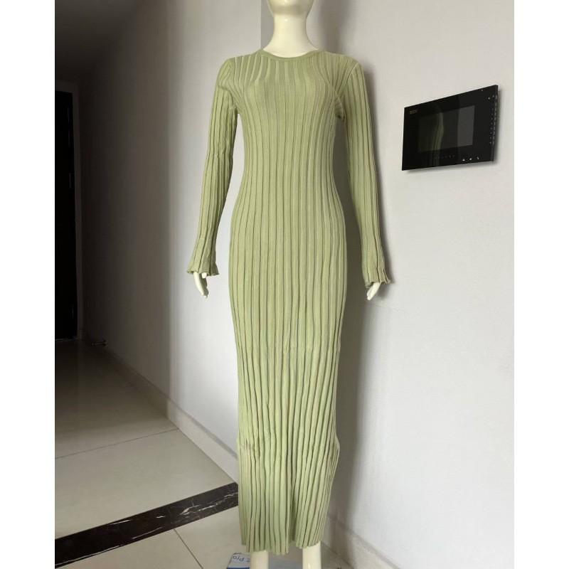 Long Sleeve Round Neck Ribbed Knit Bodycon Midi Dress High Waist Solid Color Sweater Women