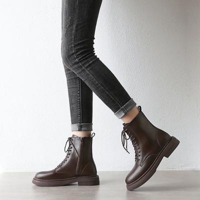 Fashion Leather Short Shoes for Women Platform Combat Lace-up Brown Female Ankle Boots Punk Style with Laces Booties Elegant Low Heels