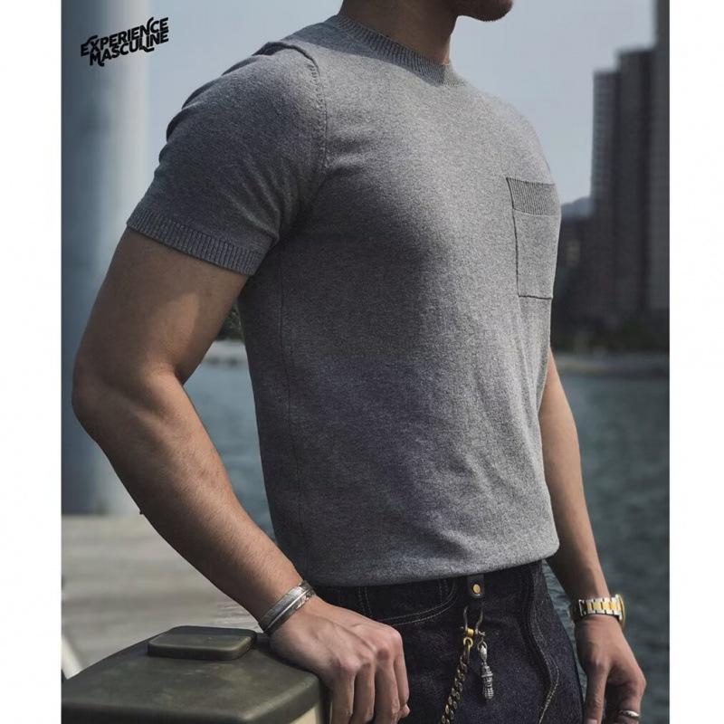 

Мужской пуловер с коротким рукавом, вязаный в американском ретро-стиле, с карманом - Повседневная летняя футболка M серый