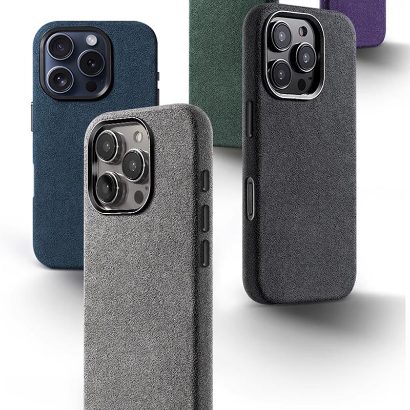 Italienisches Alcantara Handyhülle für iPhone 16 Pro Max Luxus Business Lederhülle für iPhone 16 Pro Rückseite Grau Farbe Magnetisch