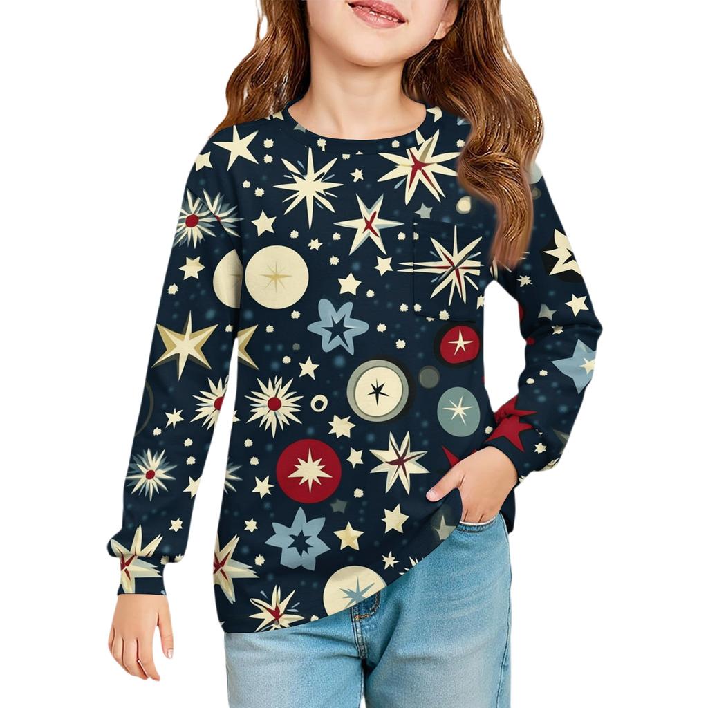 Christmas Day Girls' Long Sleeve Blouse - Round Neck Soft Waist Tunic