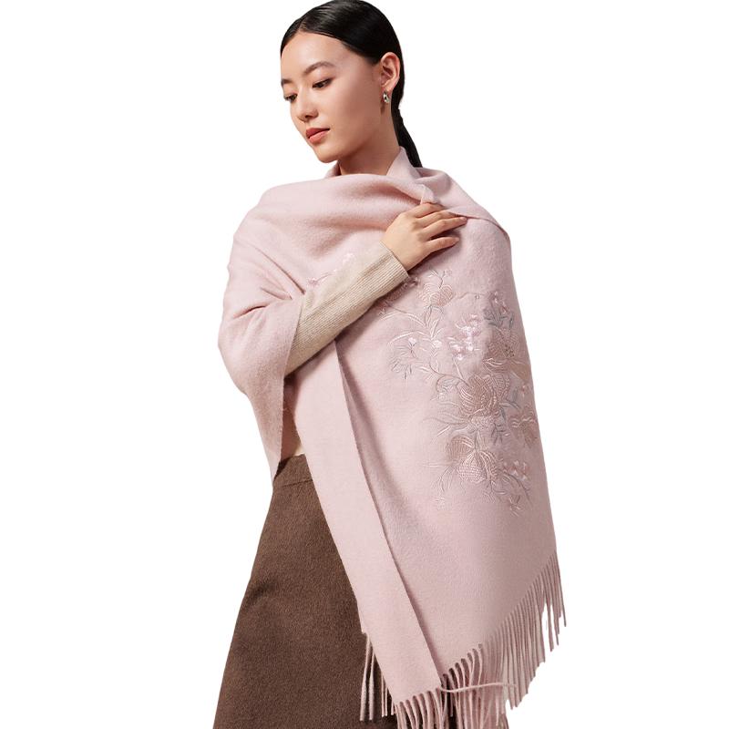 Shanghai Story Women's 100% Wool Embroidered Floral Shawl Scarf