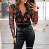 Hot-Selling Sexy Women's V-Neck Embroidered Mesh Long-Sleeve Blouse