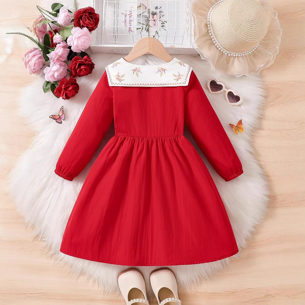 Elegant Red Dress for Girls Spring/Fall Children's Fashion Long-Sleeve Princess Dress