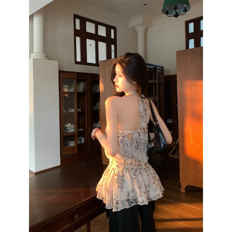 Leopard Print Strappy V-neck Halterneck Backless Chiffon Women's 2025 New Loose Slimming Sleeveless Shirts