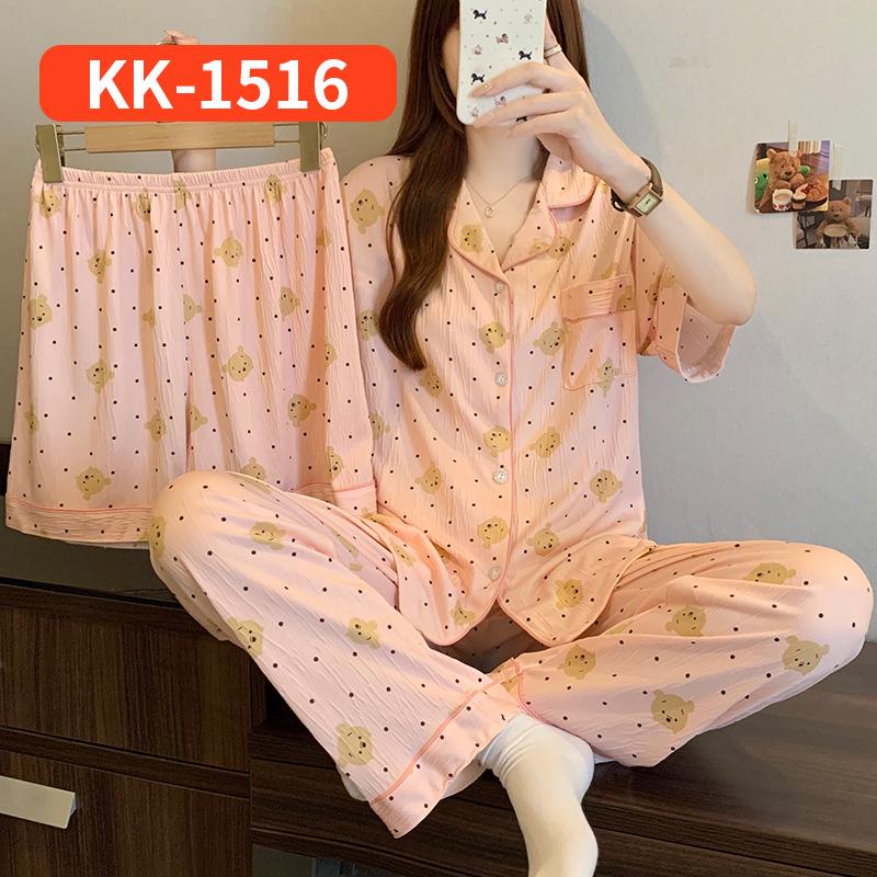 Sweet Striped Bow Print Korean Style Crinkle Pajamas Set for Women - Three-Piece, Short Sleeve Homewear.