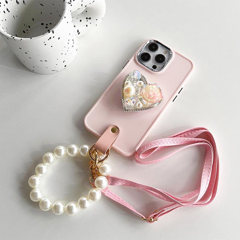 

For IPhone 15 Rhinestone Pearl Love Stand Mobile Phone Case for IPhone 17 Pearl Hand Chain Crossbody Rope Silicone For iPhone 7/8/SE 2020