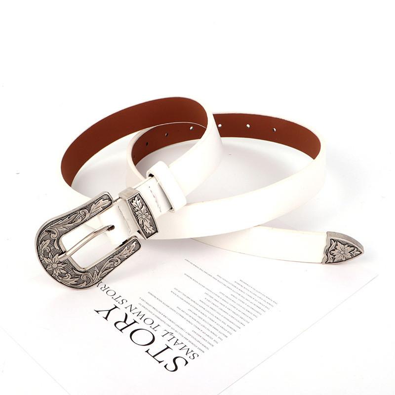 Pu Waistband Leather With Metal Pin Buckle And Carving Design Womens For