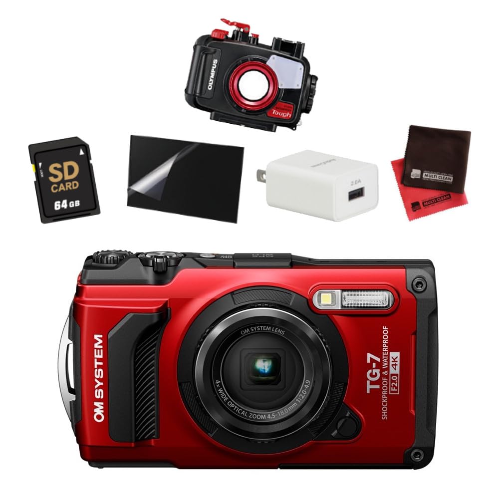 

OM System Tough Digital Camera Red Waterproof Protector SD64GB Cloth AC Charger Film Set TG-7 & & & & &