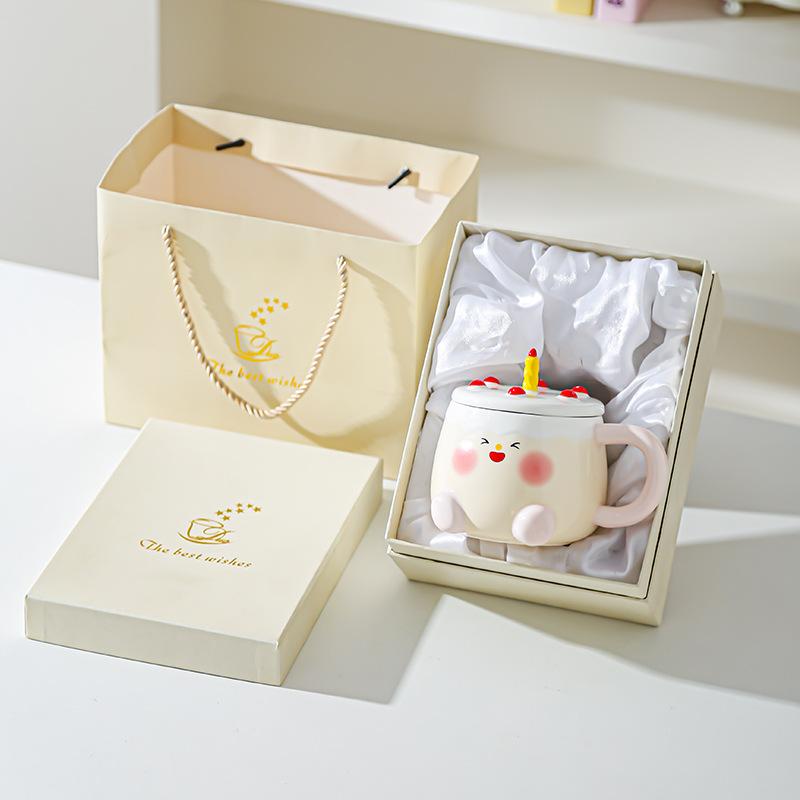Creative Cartoon Cake Cup Birthday Gift Souvenir Ceramic Cup Cute Good Looking Water Cup with Lid Mug