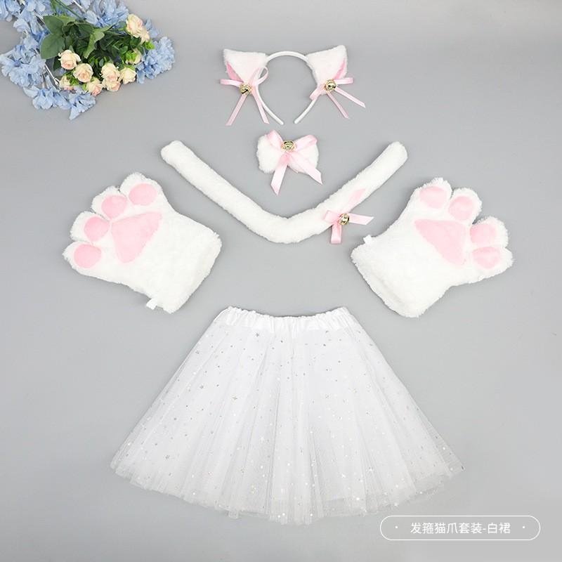 Fluffy Cat Ears Headband With Paw Gloves Tail Set Costume Party Cosplay Animal Themed Event