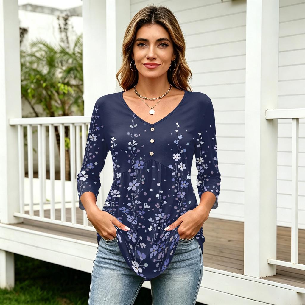 Womens 3/4 Sleeve V Neck Button Detail Floral Print Tunic Top Lightweight Casual Shirt