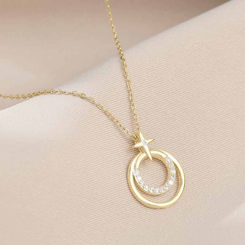 Double Ring Tetragonal Star Necklace Women'S Light Luxury Niche Design High Sense Versatile Round Pendant Collarbone Chain Jewelry Quality