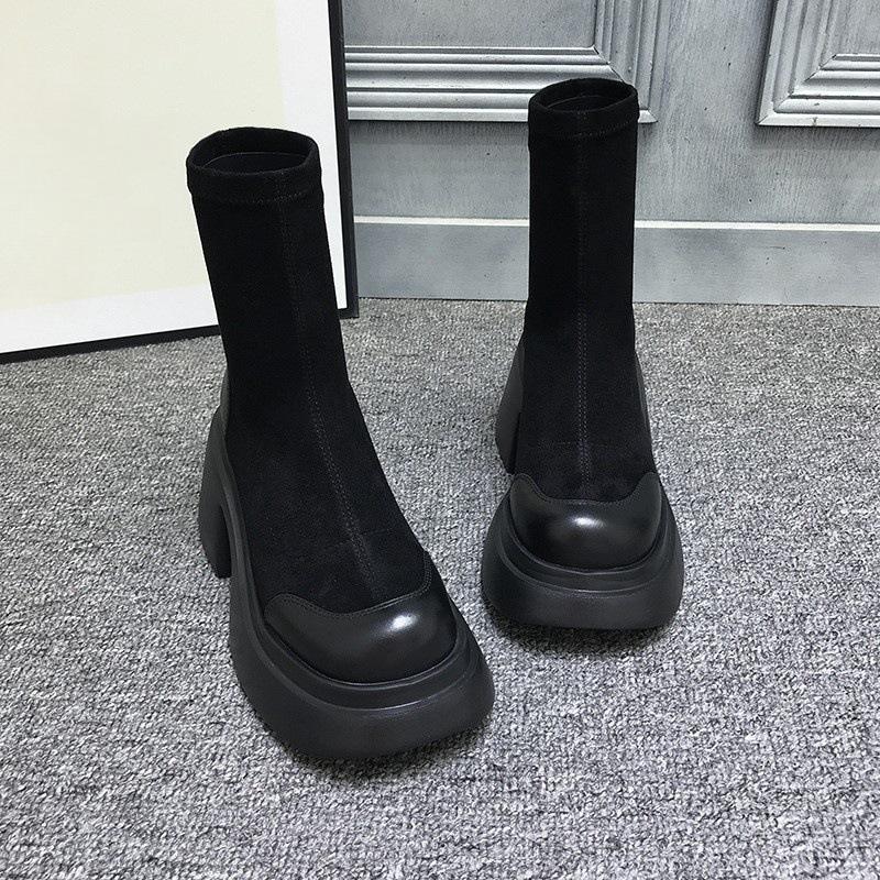 European station autumn and winter thick-soled heightening elastic boots women's versatile casual retro thick-heeled short boots tide