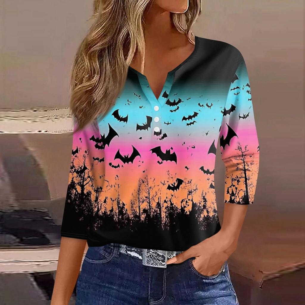 Dames T-shirt Tee Halloween Bedrukt Knoop 3/4 Mouw Tuniek Dagelijks Weekend Mode Basic V-hals Normale Top