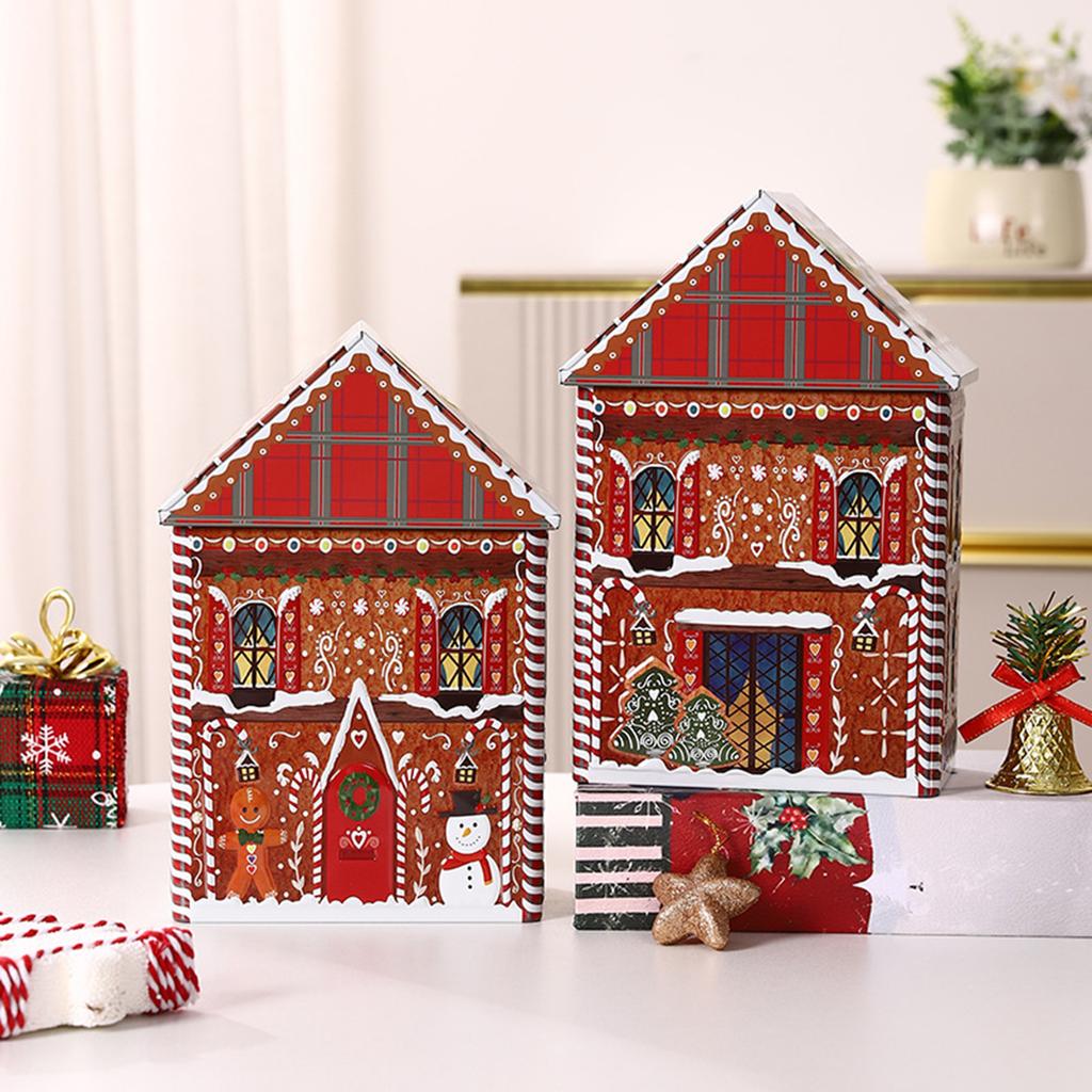 Festive Christmas House Shaped Tin Box Holiday Decorative Metal Container For Holiday Decor And Candy Storage Organizer