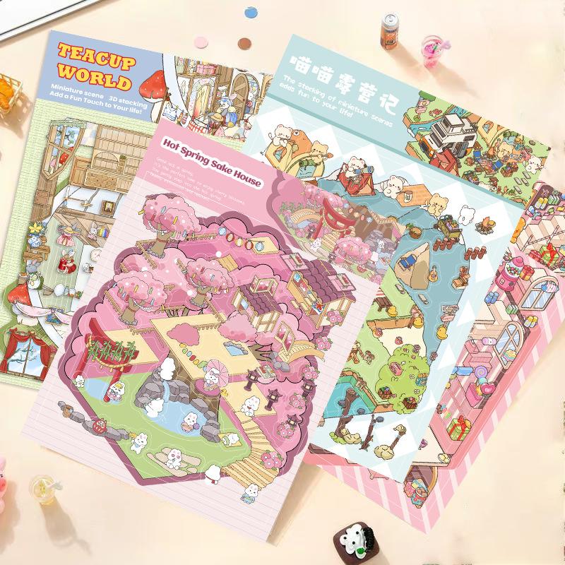 Cartoon Landscape Sticker Sakura Hot Spring Sake House Miniature World 3D Three-dimensional House Unzip DIY Scene Manual