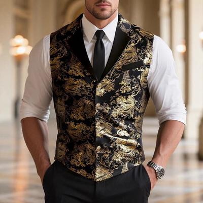Men's Luxury Black Gold Paisley Jacquard Suit Vest Formal Wedding Waistcoat