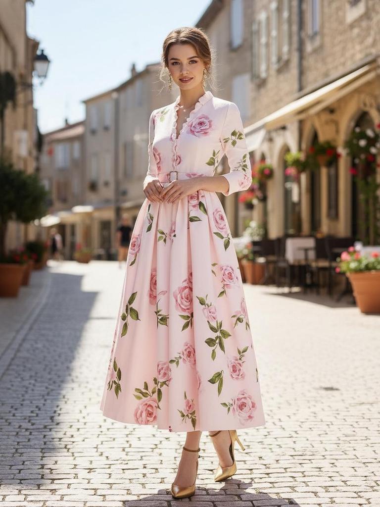 Artistic Retro V-Neck Waist-Cinching Long-Sleeve A-Line Women's Dress