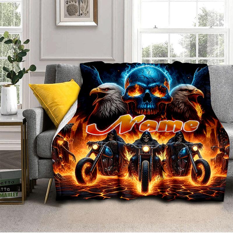 1PC Custom Name Eagle Motorcycle Inferno outdooor Flannel blankets Throw Blanket All-Season Throw Gift Bedspread for Couch, Bed, Camping Holiday Birth