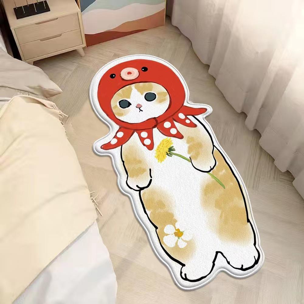 2pcs Cartoon Cute Cat Imitation Cashmere Bedroom Carpet Special-shaped Bedside Carpet Floor Mat