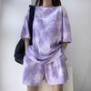 Women T-Shirt Shorts Suit Set Casual Tie Dye Loose Tshirt and Wide Leg Middle Shorts with Pockets Female Soft Summer Shorts Sets