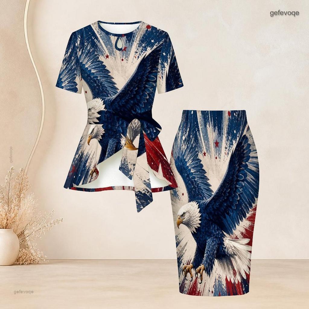 Women Plus Size Round Neck Short Sleeve Printed Tie Waist Top And Fitted Skirt Two Piece Set