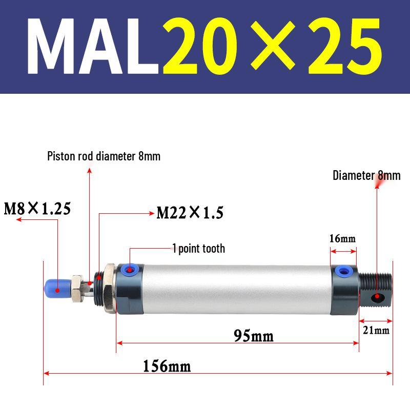 Mini Aluminum Alloy Pneumatic Cylinder - Round, Sizes 16/20/25/32/40 x 25/50/75/100/200