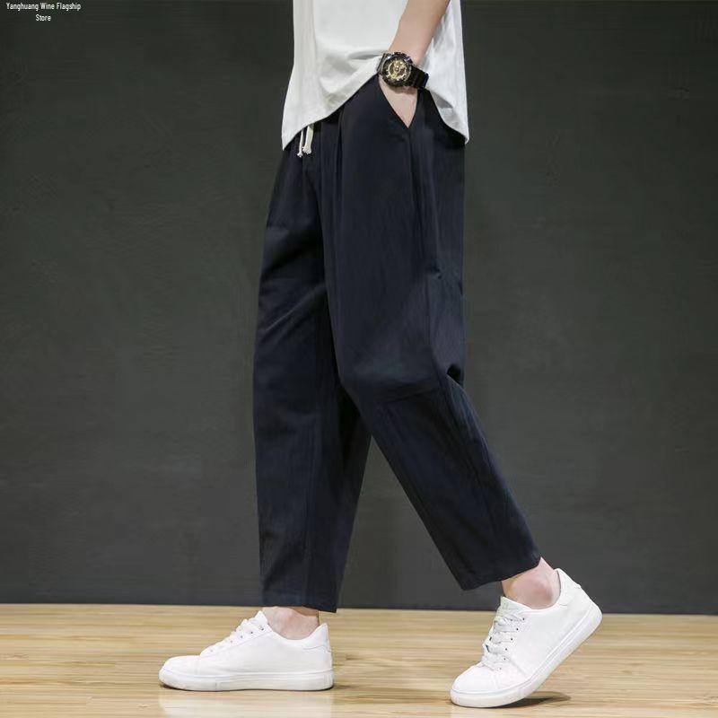 Men's Trendy Loose-Fit Cotton Linen Summer Pants - Lightweight, Casual, All-Match, Plus Size, Nine-Point Length.