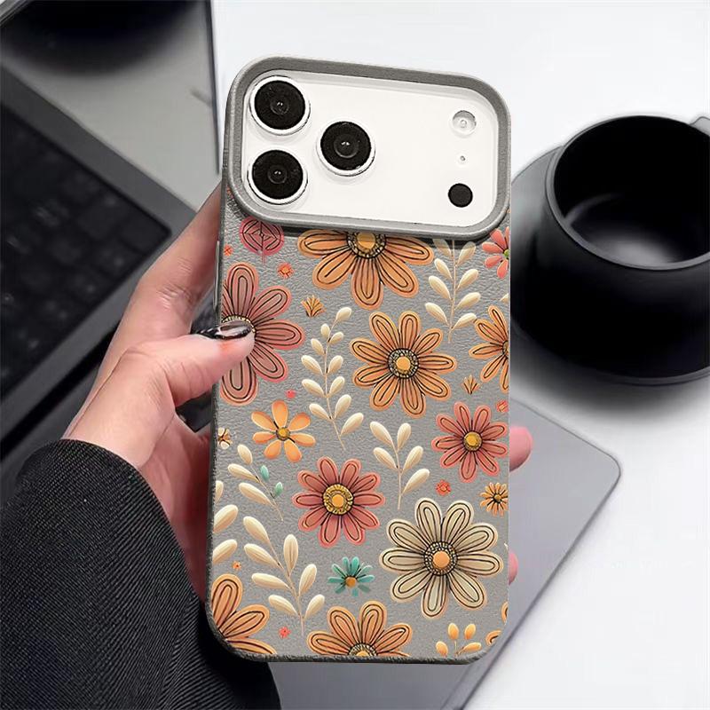 Minimalist Full-Coverage Line Art Daisy Pattern Shockproof Soft TPU Leather Texture Cover Case for iPhone 17 Pro Max Air 16e 16 15 14 13