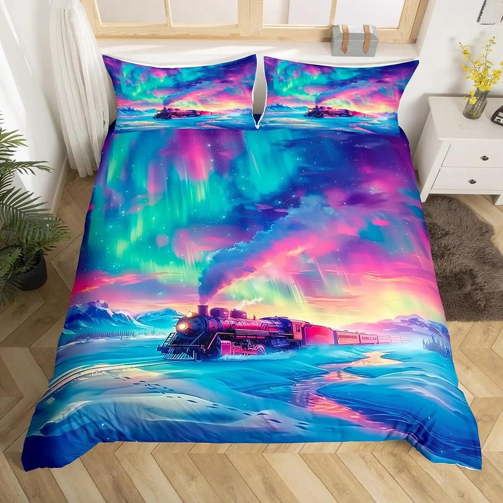 Tog Sengetøy Sett Kjøretøy Dynetrekk for Gutter Barn Tenåringer Soveromsdekor Trykt Dynetrekk Sett