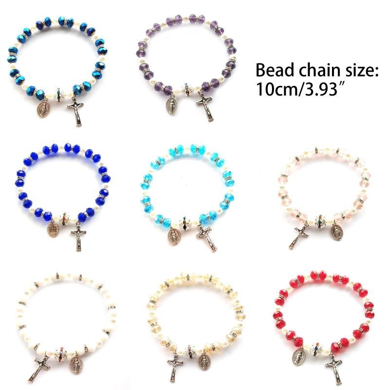 Bransoletka z Krzyżem Kryształowa Elastyczna Koralikowa Rozciągliwa Bransoletka Różaniec z Krzyżem &M