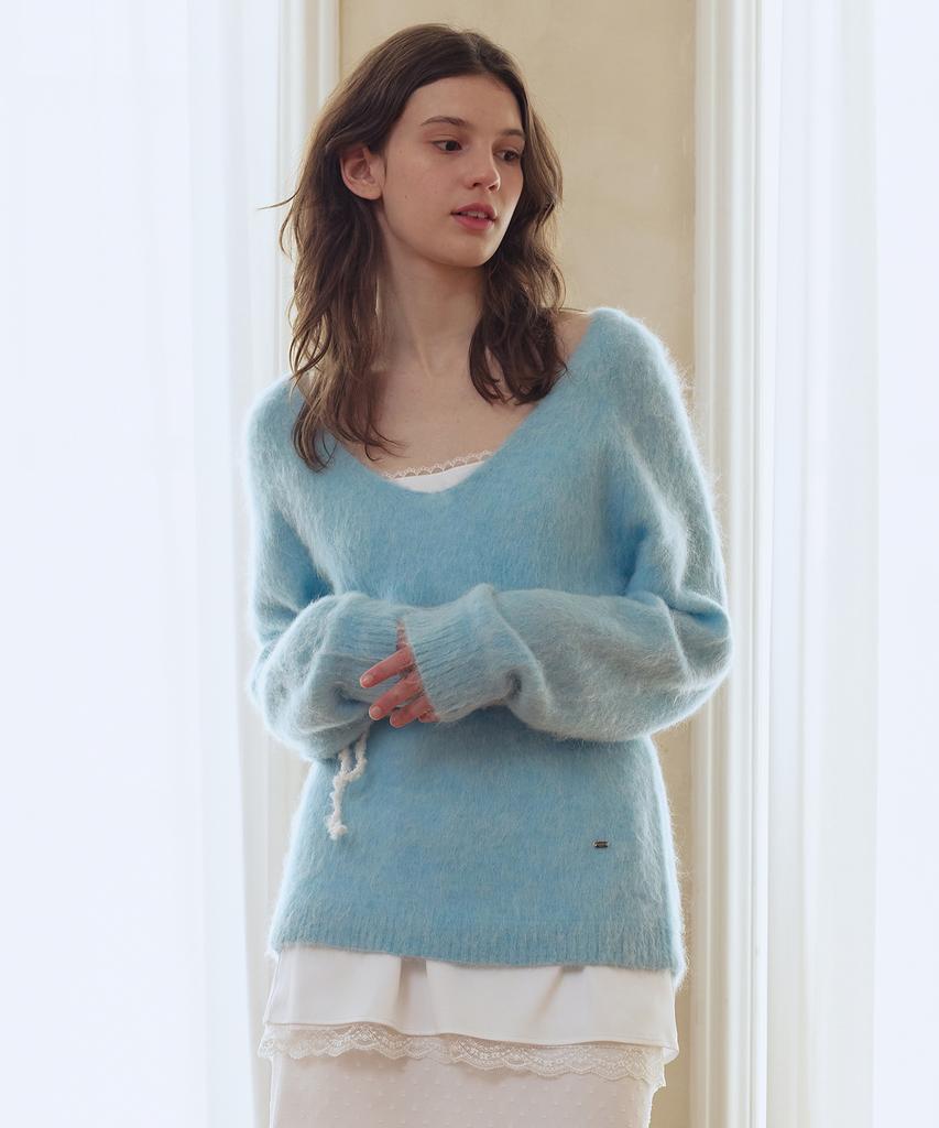 AFTERHOURS Deep V-Neck Alpaca Wool Knit Top (Sky Blue)
