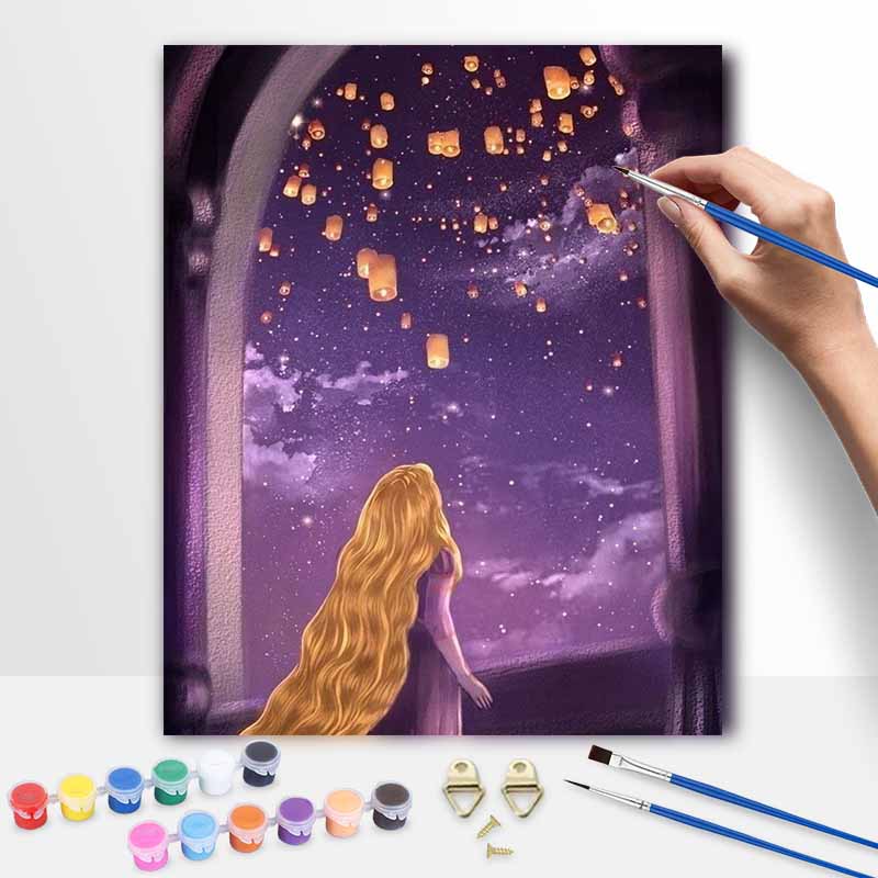 Disney Oil Painting Art Painting Set Rapunzel Lanterns Wall Decor Handmade Gift 30x40cm