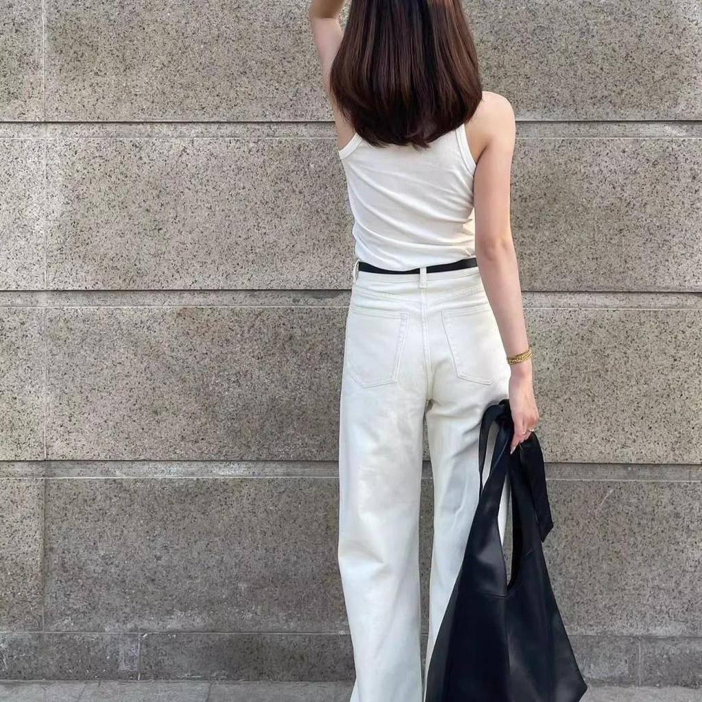 White Drapey Loose Fit Women's Jeans - New 2026 Korean Style, Straight Wide Leg, Thin Spring/Summer.