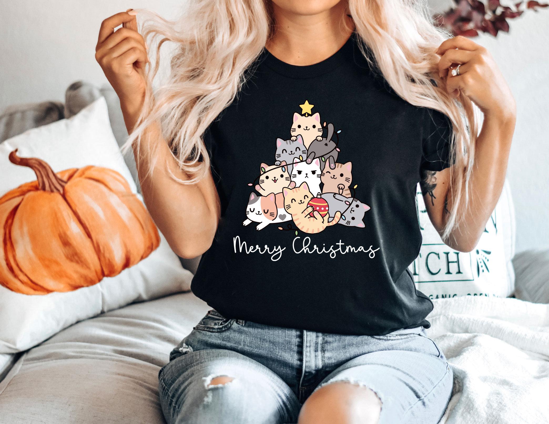 Womens Plus Size Merry CATMAS T Shirt Christmas Tree Cats Pure Cotton Breathable Fashionable and Versatile Unisex Oversized XL