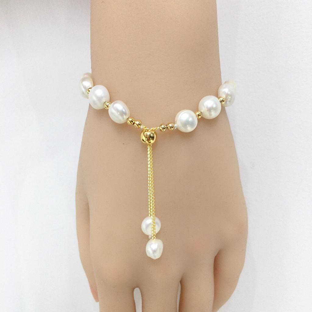 8-9mm Baroque Natural Freshwater Pearl Bracelet Adjustable Sliding Pull Chain with Tassel Pearl Elegant Women Hand Jewelry Bulk